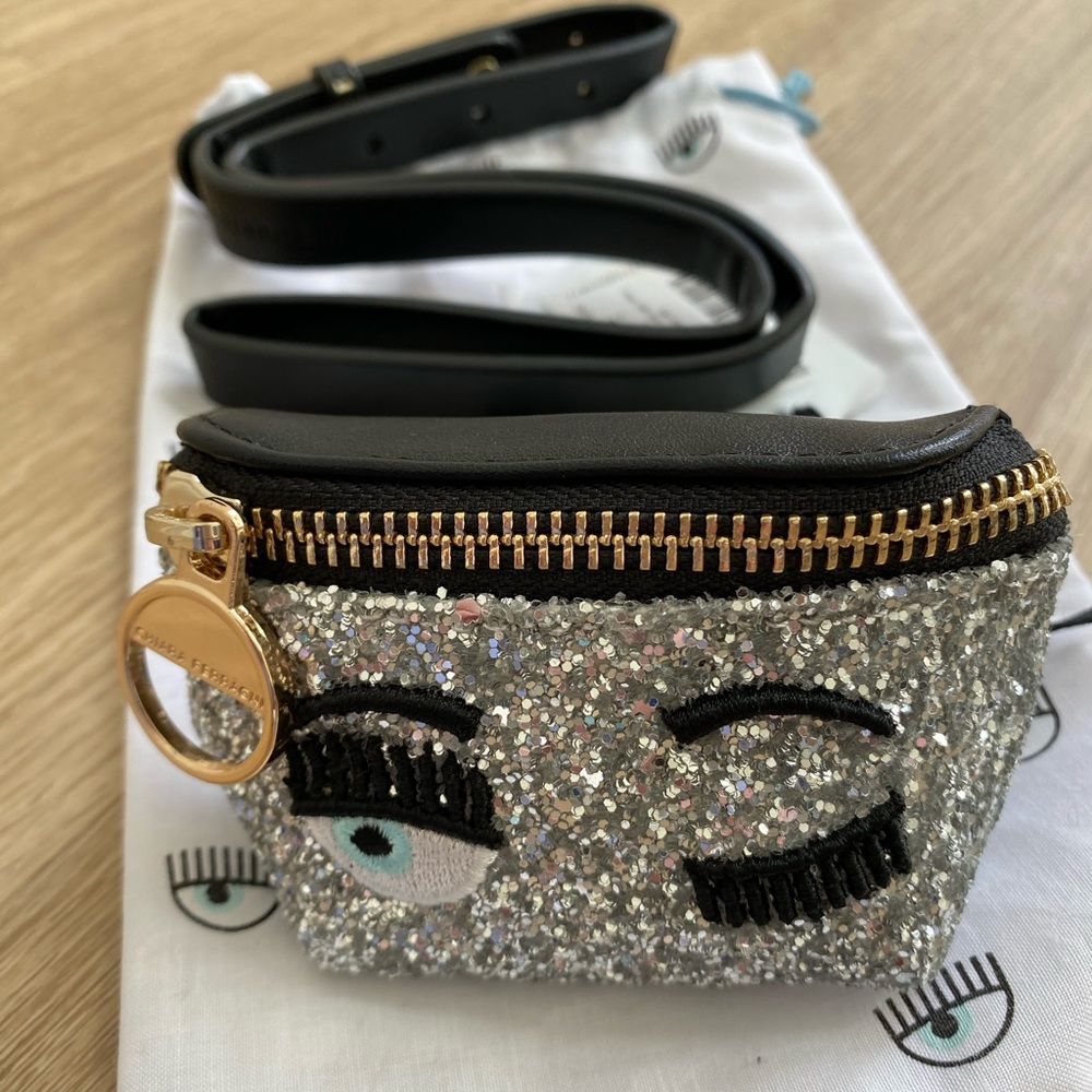 Chiara Ferragni Silver Glitter Winking Eye Mini Crossbody Bag
